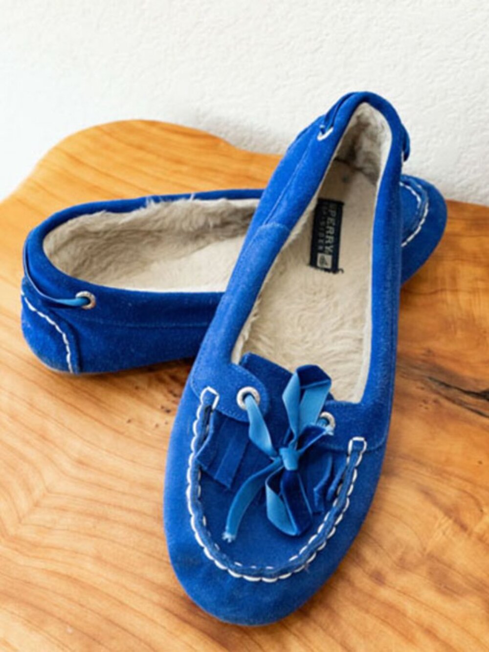 Sperry Top Sider Blue Suede Moccasin Slippers Fur Lined Cozy Loafers Womens 9